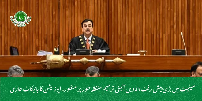 سینیٹ میں بڑی پیش رفت27ویں آئینی ترمیم متفقہ طور پر منظور، اپوزیشن کا بائیکاٹ جاری